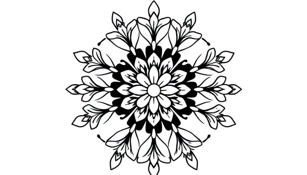 Zwart-wit line-art kleurplaat van een gedetailleerde bloemenmandala met symmetrische bloem- en bladvormige elementen.
