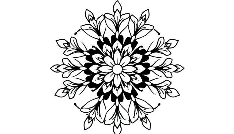 Zwart-wit line-art kleurplaat van een gedetailleerde bloemenmandala met symmetrische bloem- en bladvormige elementen.