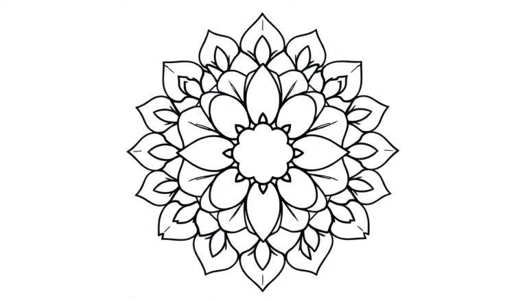 Kleurplaat van een bloemenmandala met symmetrische patronen en bloemblaadjes.