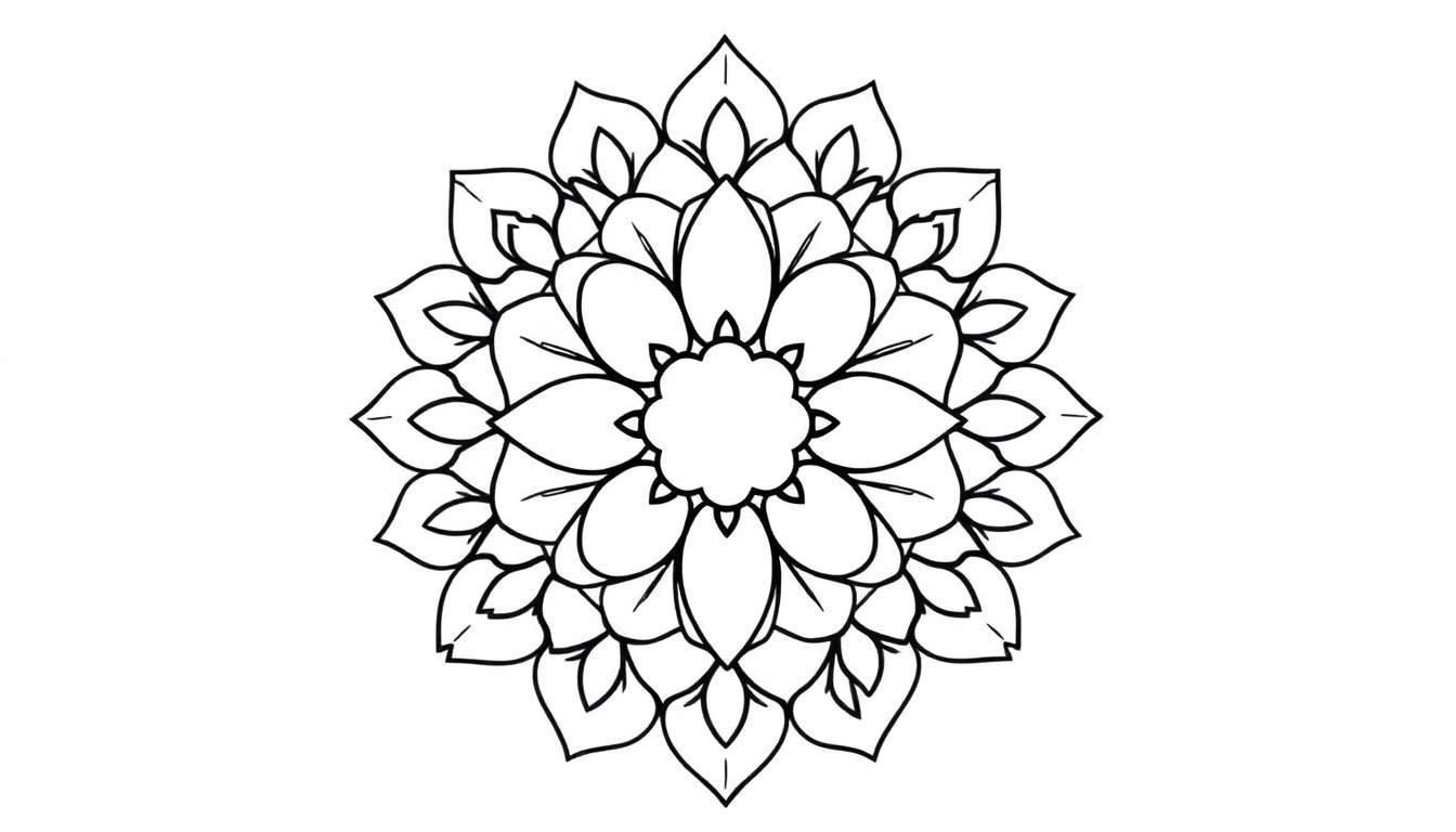 Kleurplaat van een bloemenmandala met symmetrische patronen en bloemblaadjes.