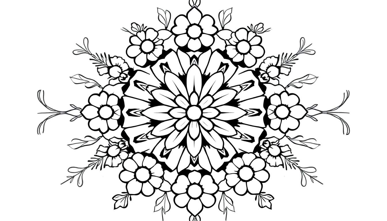 Zwart-witte mandala kleurplaat met bloemen en blaadjes, perfect om in te kleuren.