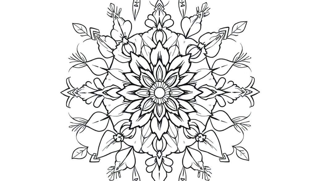 Zwart-wit kleurplaat van een gedetailleerde mandala met symmetrische bloem- en bladvormige patronen.