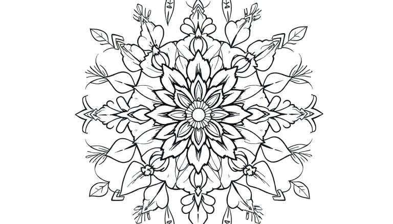 Zwart-wit kleurplaat van een gedetailleerde mandala met symmetrische bloem- en bladvormige patronen.