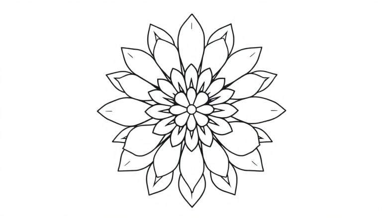 Gestileerde bloemenmandala kleurplaat met duidelijke lijnen en gedetailleerd midden.