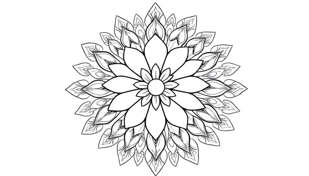 Zwart-wit mandala kleurplaat in de vorm van een bloem met symmetrische lagen bloemblaadjes en fijne textuurdetails.