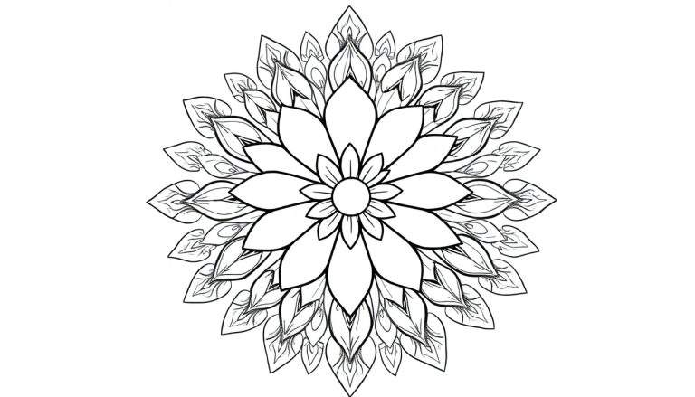 Zwart-wit mandala kleurplaat in de vorm van een bloem met symmetrische lagen bloemblaadjes en fijne textuurdetails.