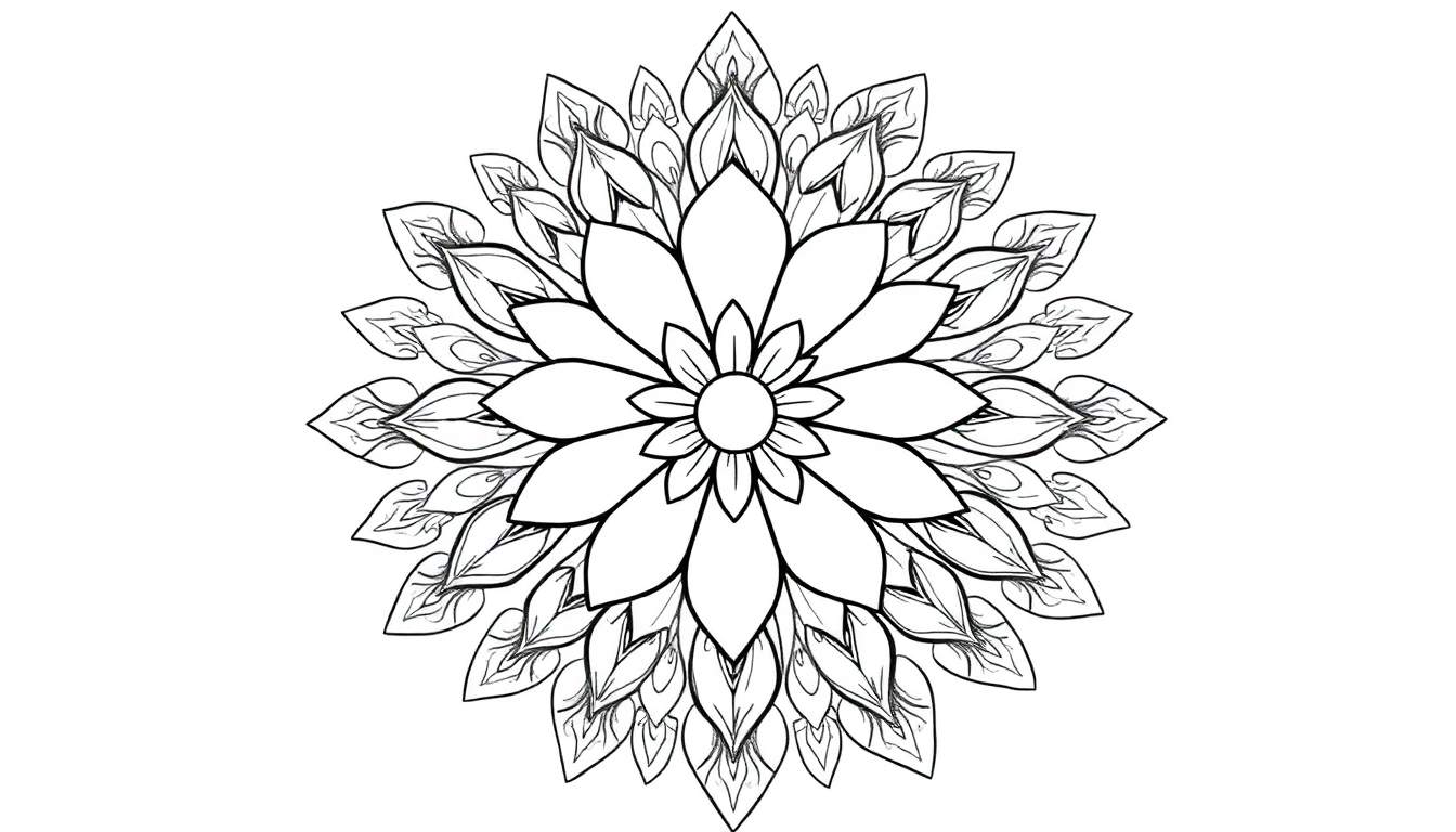 Zwart-wit mandala kleurplaat in de vorm van een bloem met symmetrische lagen bloemblaadjes en fijne textuurdetails.