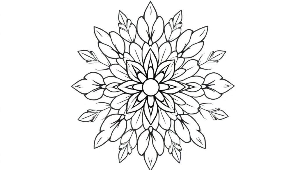 Zwart-wit mandala kleurplaat in de vorm van een bloem met symmetrische bladvormige patronen.