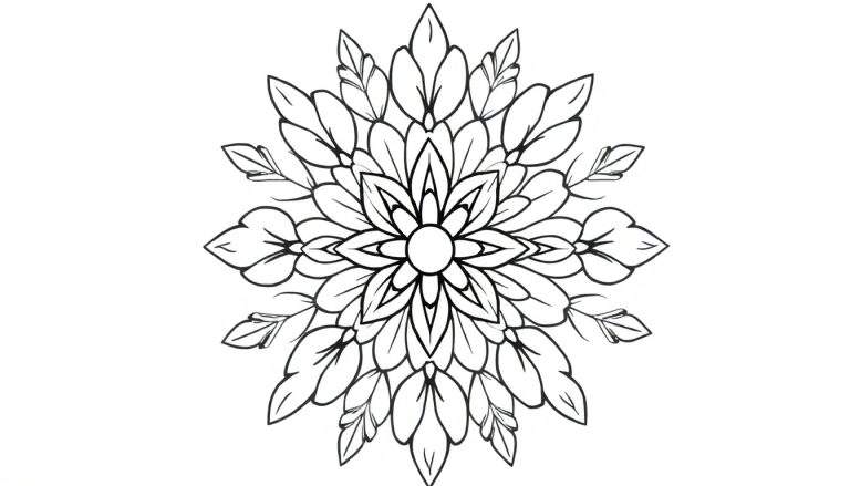 Zwart-wit mandala kleurplaat in de vorm van een bloem met symmetrische bladvormige patronen.