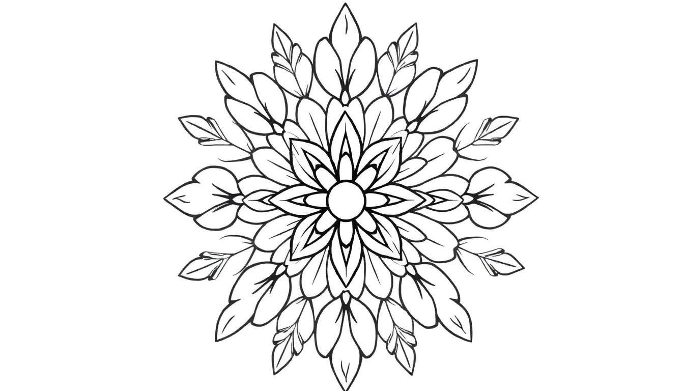 Zwart-wit mandala kleurplaat in de vorm van een bloem met symmetrische bladvormige patronen.