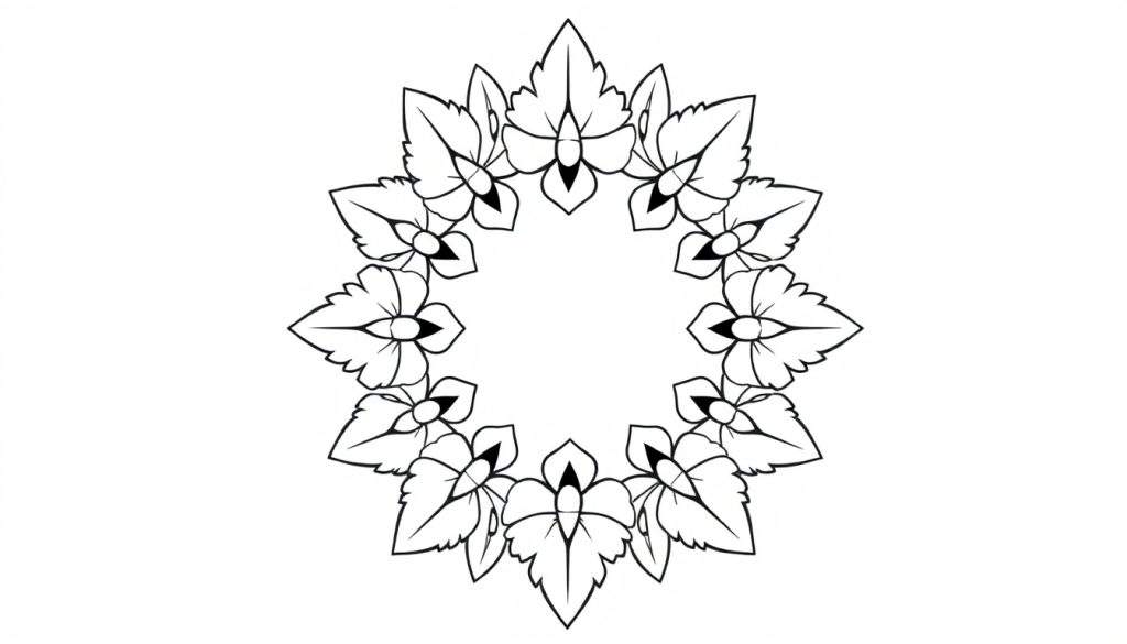 Zwart-wit kleurplaat van een symmetrisch bloemenmandala patroon met bladeren en bloemen.