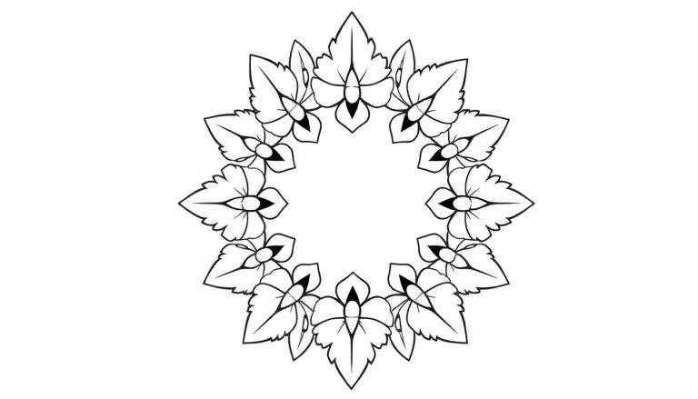 Zwart-wit kleurplaat van een symmetrisch bloemenmandala patroon met bladeren en bloemen.