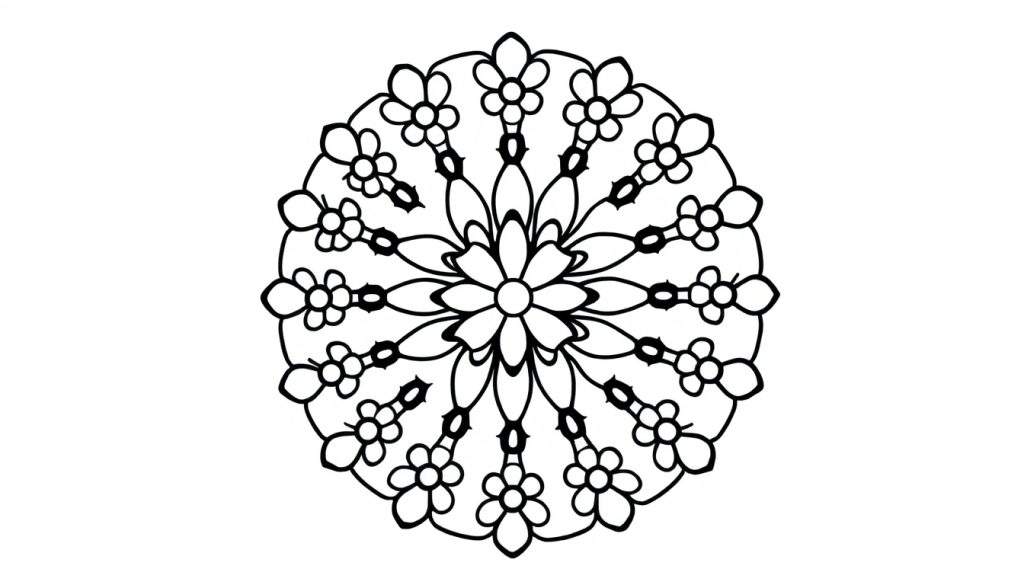 Zwart-witte tekening van een mandala met bloemen