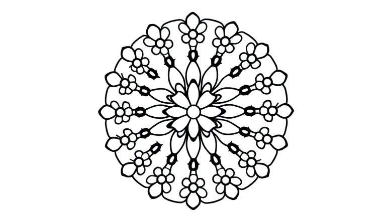 Zwart-witte tekening van een mandala met bloemen