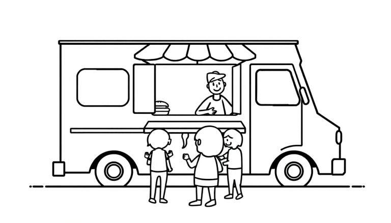 Zwart-wit kleurplaat van een foodtruck van Bosma Horeca met een medewerker die eten aanbiedt aan drie kinderen.