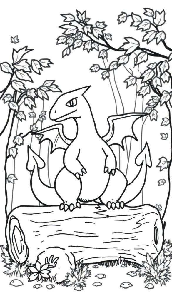 Kleurplaat van een Charizard die op een boomstronk zit in een herfstig bos, met bomen, bladeren, stenen en gras.