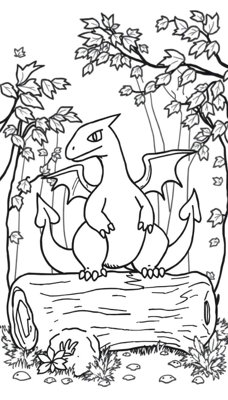 Kleurplaat van een Charizard die op een boomstronk zit in een herfstig bos, met bomen, bladeren, stenen en gras.