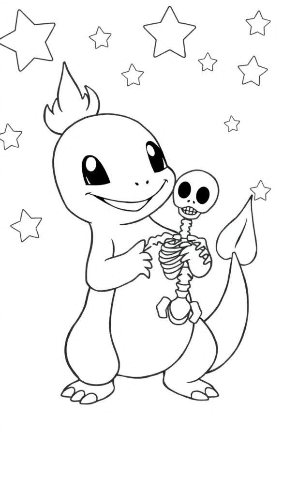 Charmander die een skeletje vasthoudt, omringd door sterren. Kleurplaat.