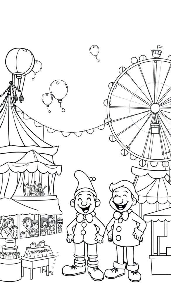 Kleurplaat van een circus met twee marionetten-achtige poppen, een reuzenrad, een circustent, ballonnen en een eendjeskraam.