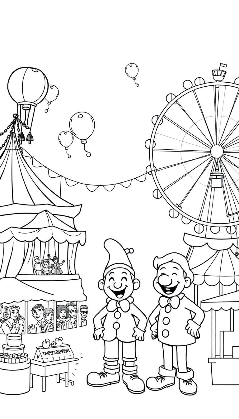 Kleurplaat van een circus met twee marionetten-achtige poppen, een reuzenrad, een circustent, ballonnen en een eendjeskraam.