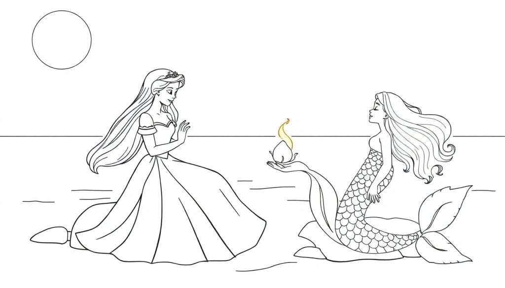 Kleurplaat toont een prinses met een tiara, een zeemeermin met visstaart, en een waterlandschap.