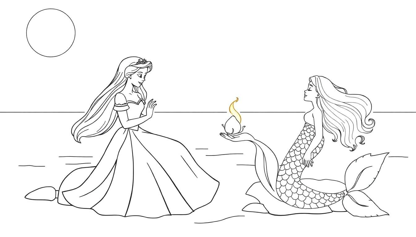 Kleurplaat toont een prinses met een tiara, een zeemeermin met visstaart, en een waterlandschap.