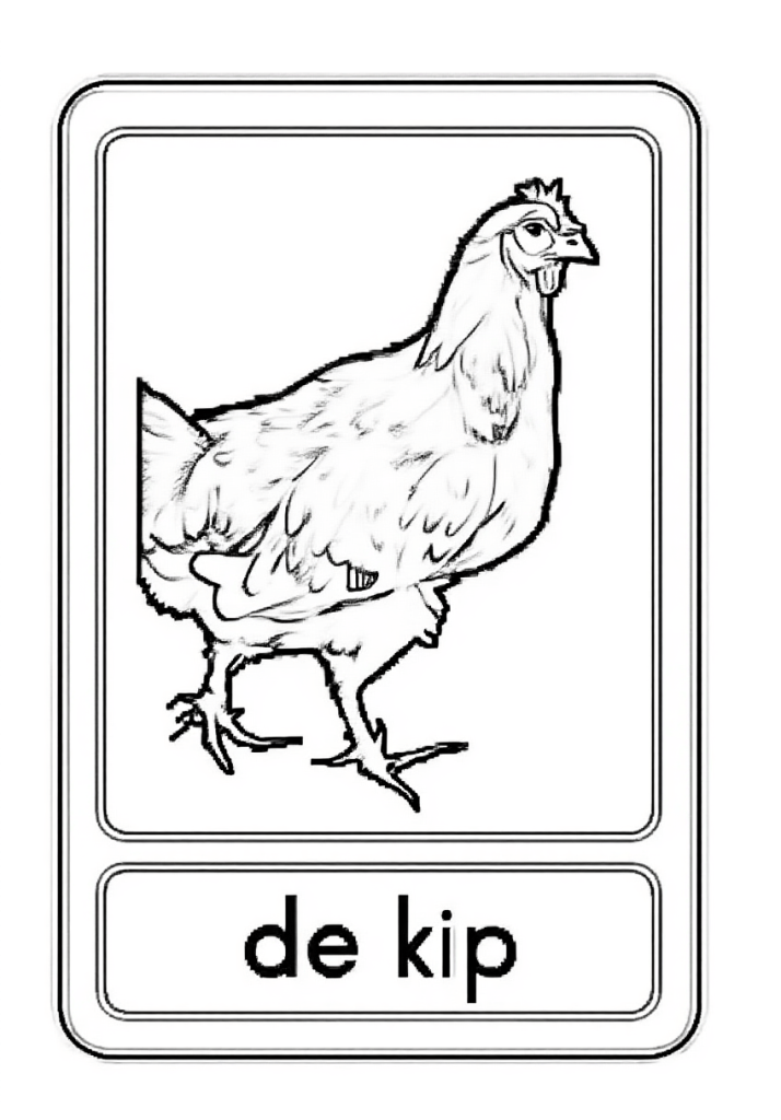 Zwart-wit kleurplaat van een kip met de tekst 'de kip' eronder, geschikt voor educatieve doeleinden.