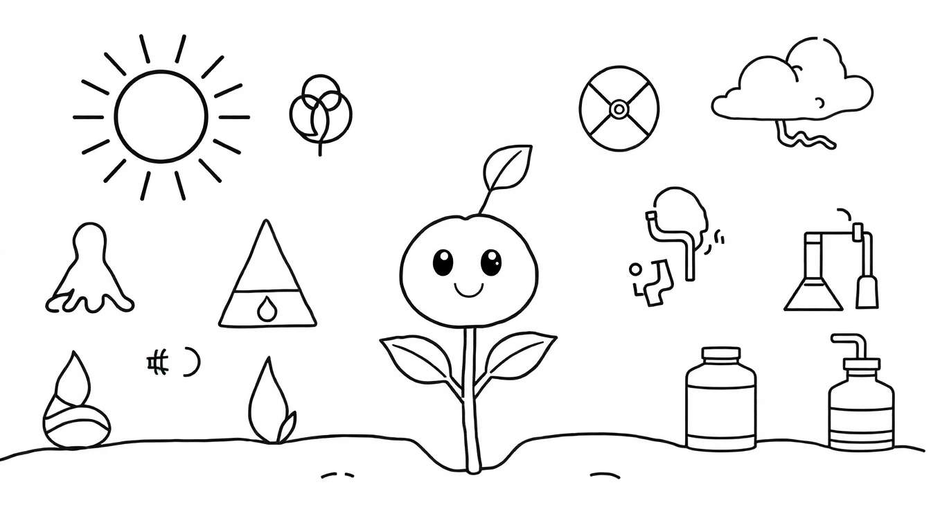 Kleurplaat met tekeningen van een gezichtje, plant, zon, wolk met bliksem en regen, boom, flesjes, reageerbuizen en abstracte symbolen.