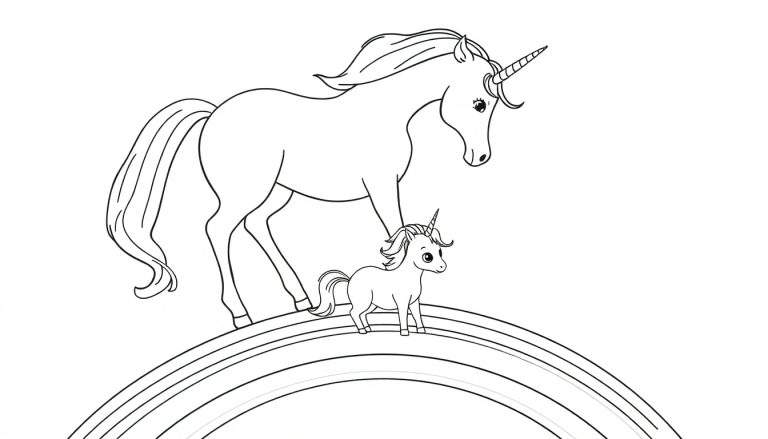 Kleurplaat van een grote eenhoorn op een regenboog, die een kleine eenhoorn tevoorschijn tovert.