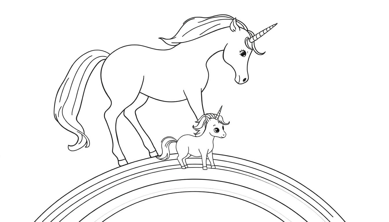 Kleurplaat van een grote eenhoorn op een regenboog, die een kleine eenhoorn tevoorschijn tovert.