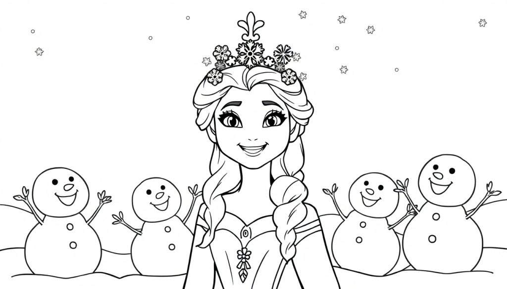 Kleurplaat van Elsa uit Frozen met vier sneeuwpoppen in een winterse omgeving.
