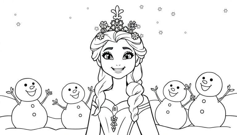 Kleurplaat van Elsa uit Frozen met vier sneeuwpoppen in een winterse omgeving.