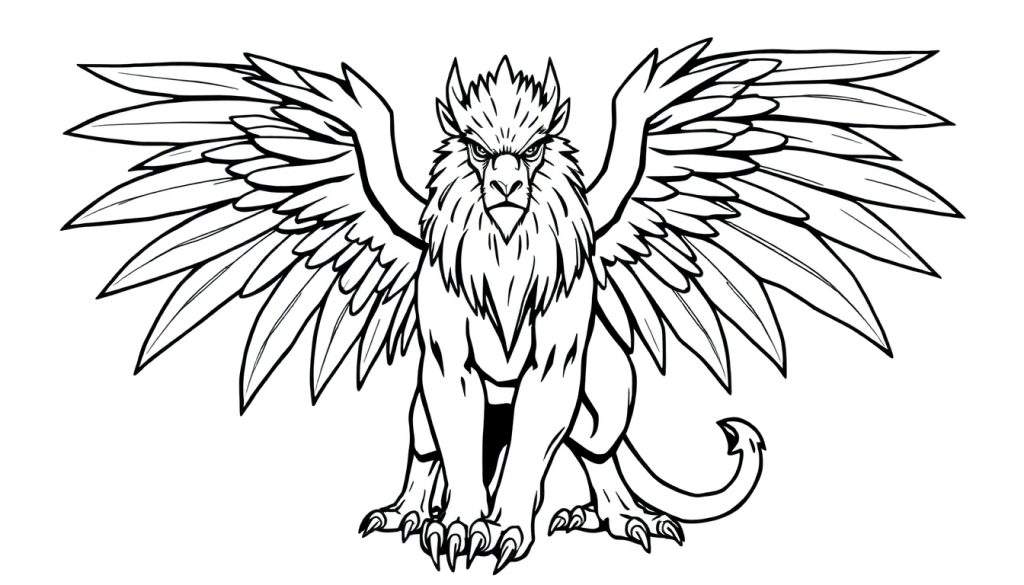 Zwart-wit lijntekening van een enge griffioen met arendskop, arendsvleugels en leeuwenlichaam, zittend met gespreide vleugels.