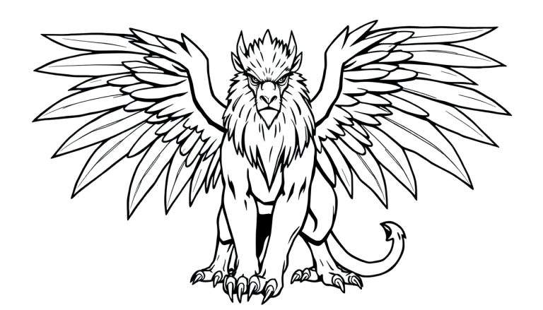 Zwart-wit lijntekening van een enge griffioen met arendskop, arendsvleugels en leeuwenlichaam, zittend met gespreide vleugels.