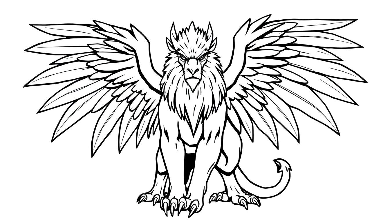 Zwart-wit lijntekening van een enge griffioen met arendskop, arendsvleugels en leeuwenlichaam, zittend met gespreide vleugels.