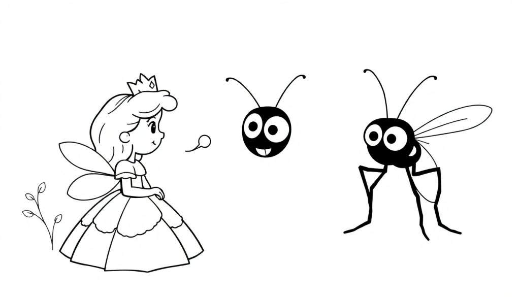 Zwart-wit kleurplaat van een fee met kroon die naar een bel blaast, met twee insecten en blaadjes.