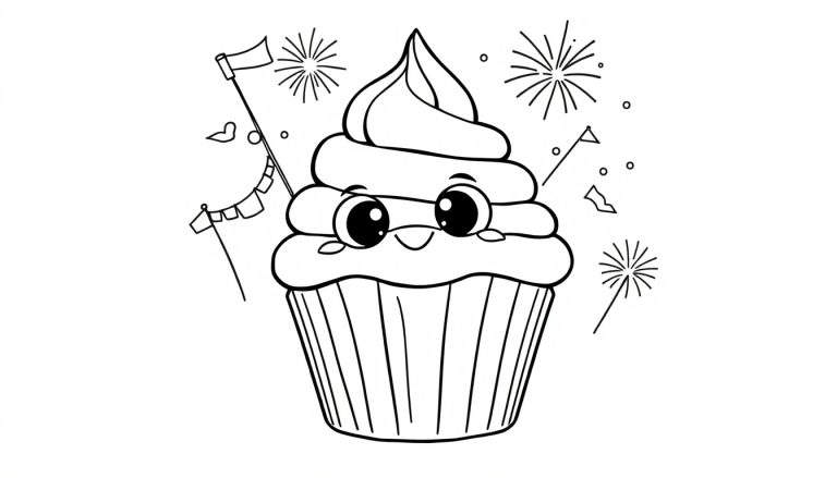 Kleurplaat van een lachende cupcake met vuurwerk en slingers.