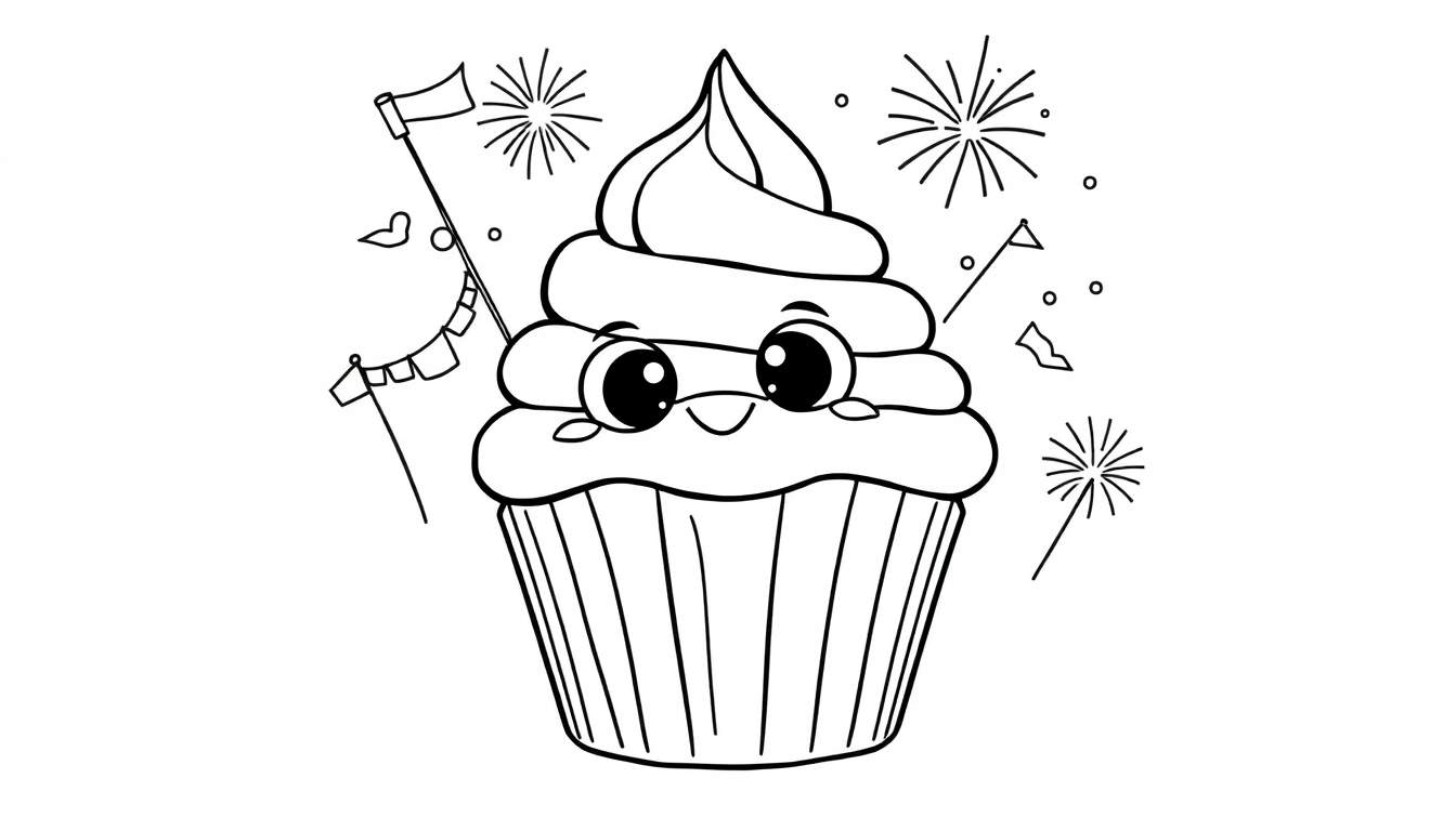 Kleurplaat van een lachende cupcake met vuurwerk en slingers.