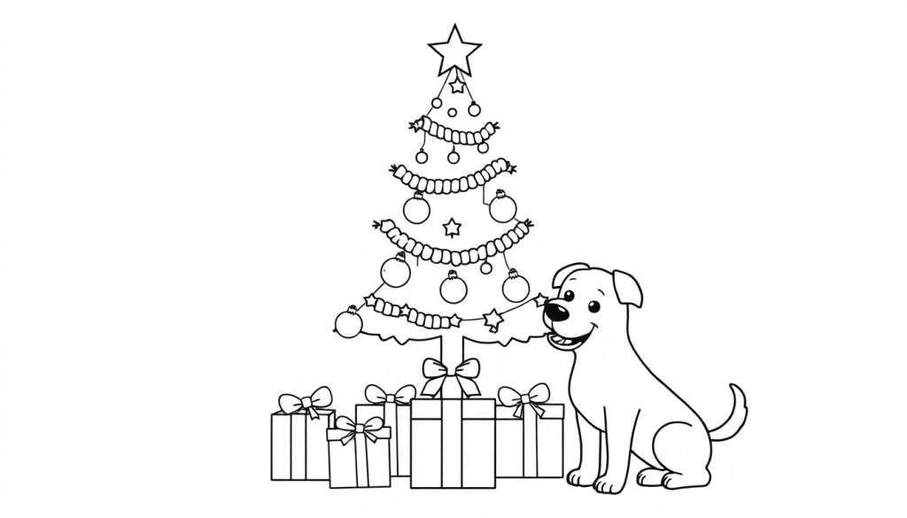 Zwart-wit lijntekening van een kerstboom met cadeaus en een blije hond, ideaal als kleurplaat.