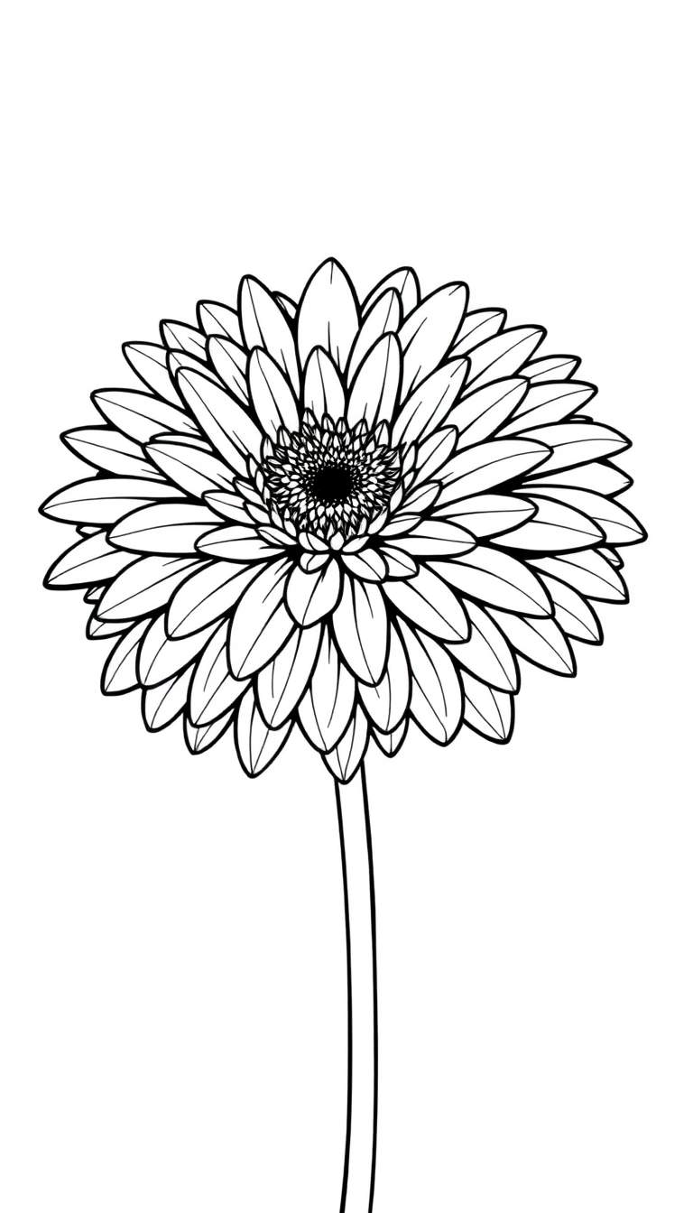 Close-up van een gestileerde, zwart-witte lijntekening van een gerbera bloem met veel kleurvakjes.