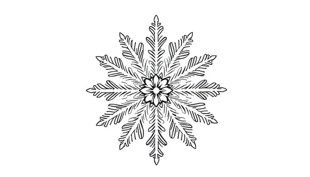 Zwart-wit gestileerde sneeuwvlok kleurplaat met acht bladvormige vertakkingen en een bloemvormig patroon in het midden.