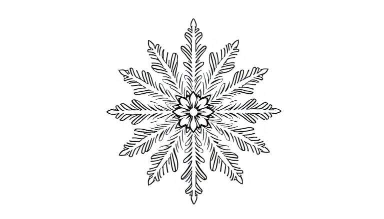 Zwart-wit gestileerde sneeuwvlok kleurplaat met acht bladvormige vertakkingen en een bloemvormig patroon in het midden.