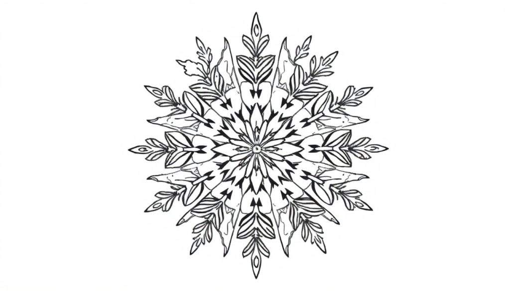 Zwart-wit lijntekening van een gedetailleerde, gestileerde sneeuwvlok in mandala-vorm met bladvormige vertakkingen.
