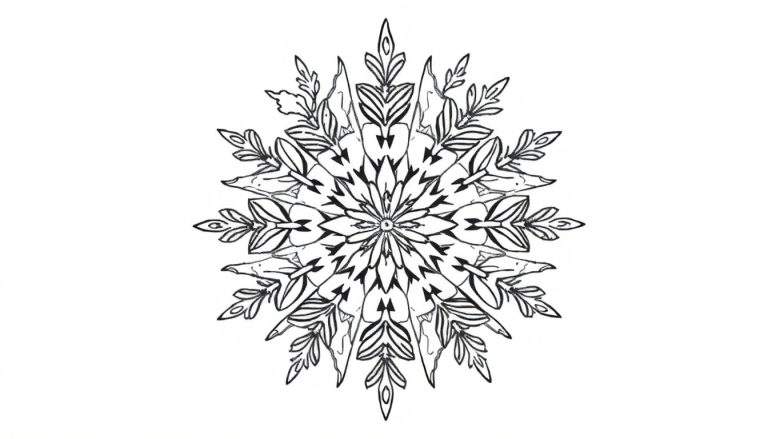 Zwart-wit lijntekening van een gedetailleerde, gestileerde sneeuwvlok in mandala-vorm met bladvormige vertakkingen.