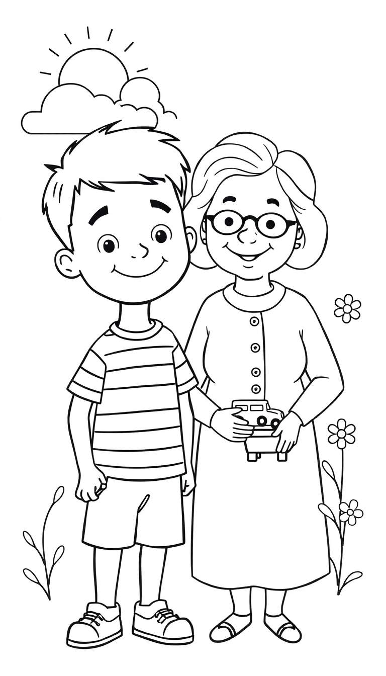 Kleurplaat van een jongen genaamd Gijs met kort haar en zijn oma die buiten glimlachen, bloemen en een zon met wolken op de achtergrond.