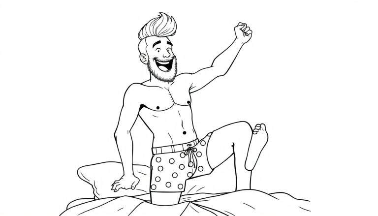 Kleurplaat van een blije man met baard en kuifje die juicht in zijn gestippelde onderbroek op bed.