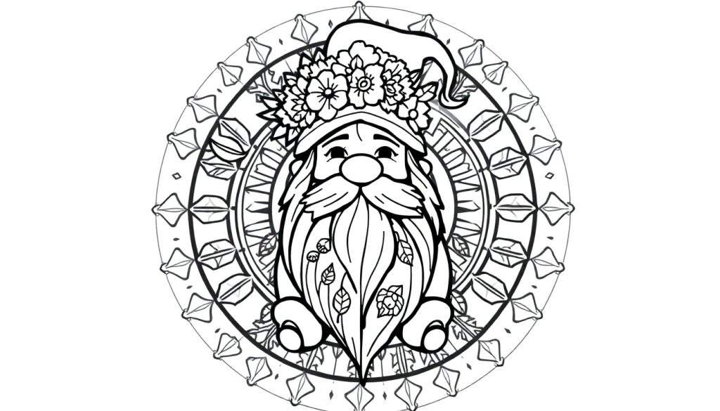 Zwart-wit tekening van een gnome met grote baard versierd met bloemen en blaadjes, draagt een bloemenversierde puntmuts en is omringd door een mandala met bloemmotieven, klaar om ingekleurd te worden.