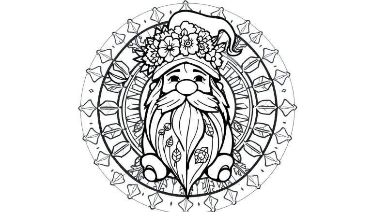 Zwart-wit tekening van een gnome met grote baard versierd met bloemen en blaadjes, draagt een bloemenversierde puntmuts en is omringd door een mandala met bloemmotieven, klaar om ingekleurd te worden.