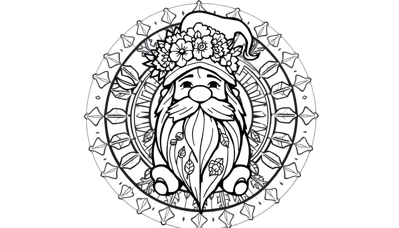 Zwart-wit tekening van een gnome met grote baard versierd met bloemen en blaadjes, draagt een bloemenversierde puntmuts en is omringd door een mandala met bloemmotieven, klaar om ingekleurd te worden.
