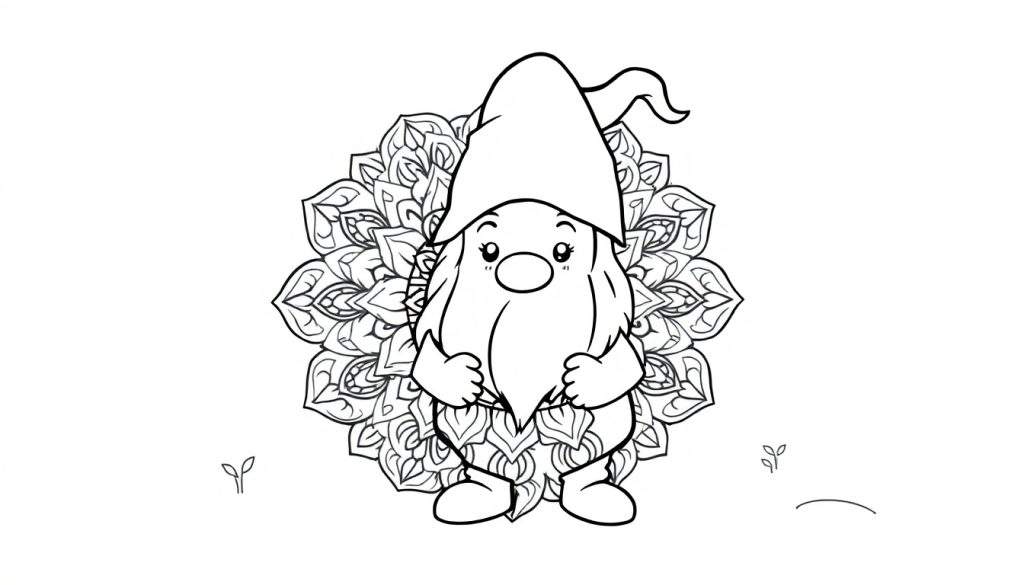 Kleurplaat van een gnome met een puntmuts en baard voor een mandala achtergrond, met kleine plantjes aan de zijkanten.